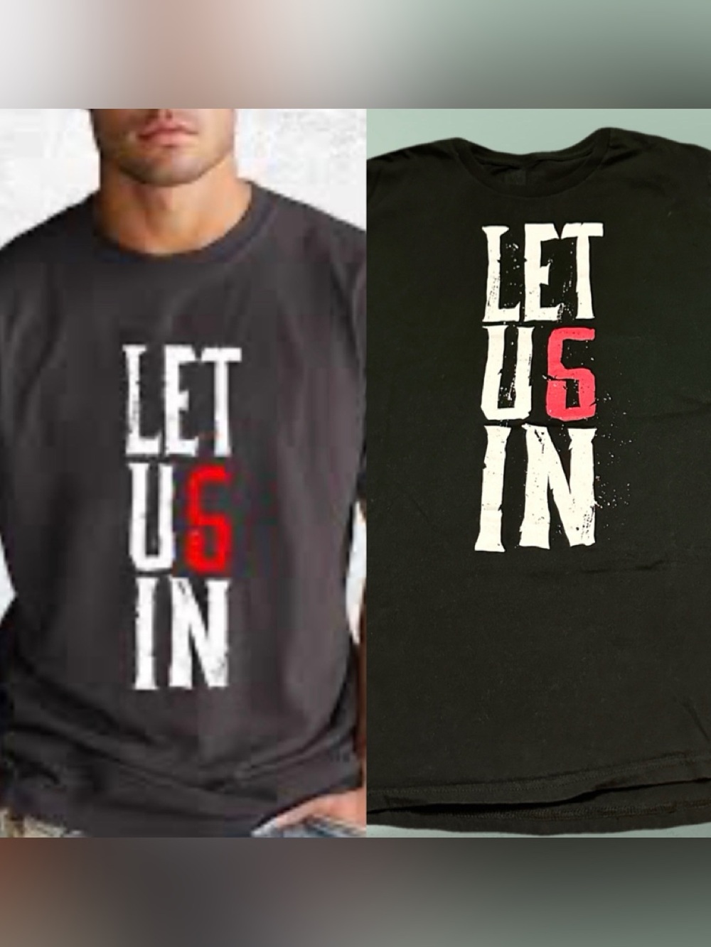 WWE Black Graphic Tee with White & Red 'LET US IN' Print XL